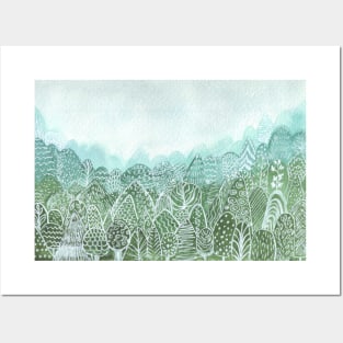 Misty forest landscape in green monochrome Posters and Art